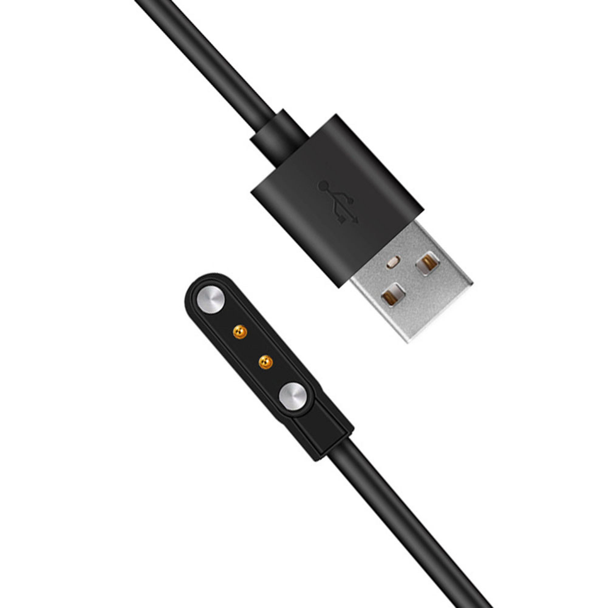 Ein schwarzes USB-Kabel mit Metallstecker und ein magnetischer Ladeanschluss auf weißem Hintergrund.