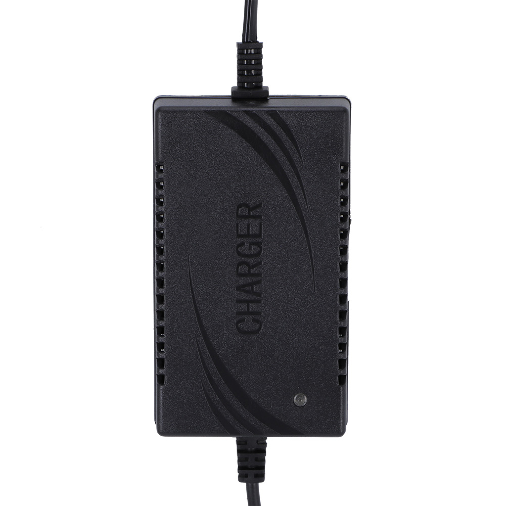 Ein schwarzes Ladegerät mit dem Aufdruck CHARGER und angeschlossenen Kabeln.