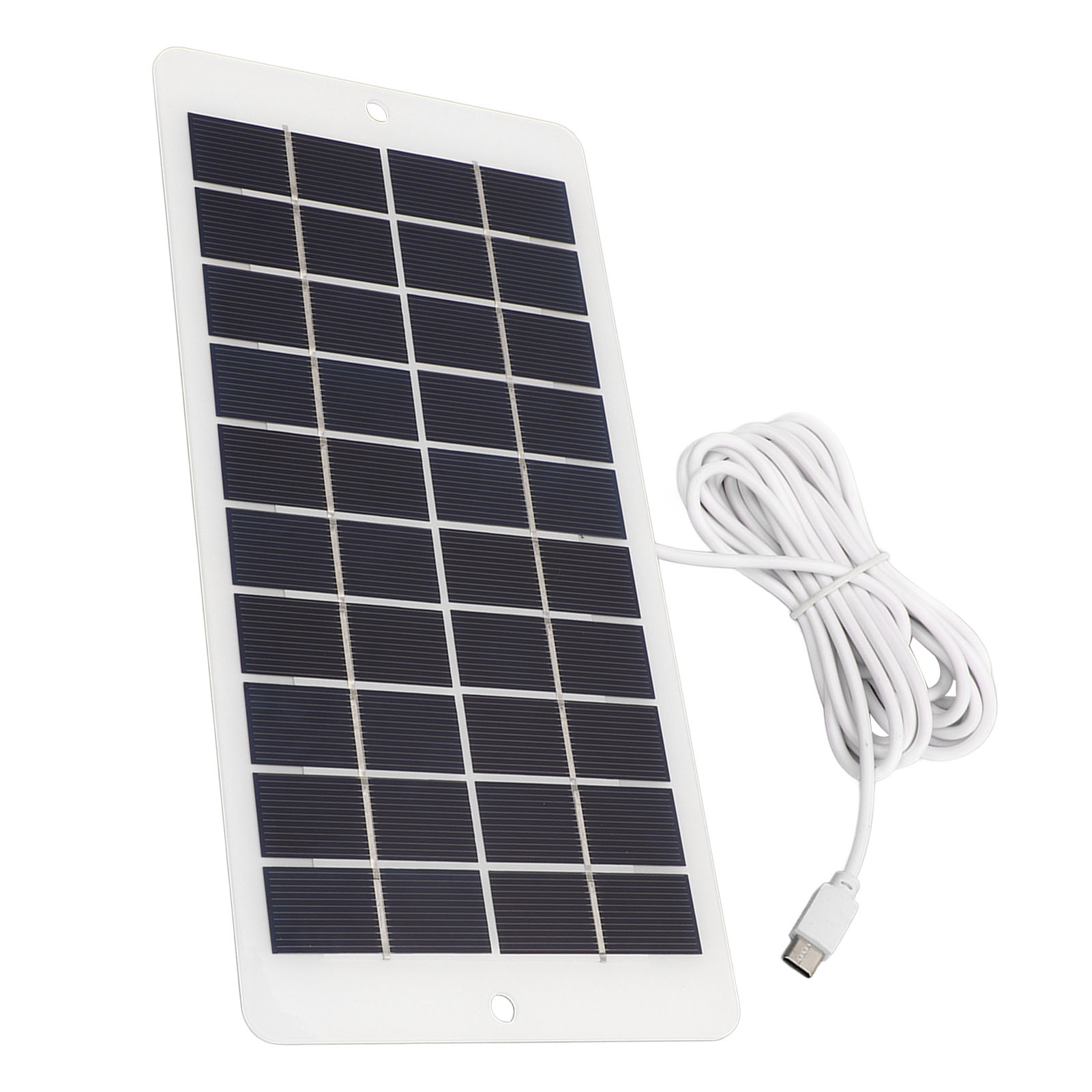 Ein tragbares kleines Solarmodul mit einem weißen Rahmen und angeschlossenem weißen USB-Kabel.
