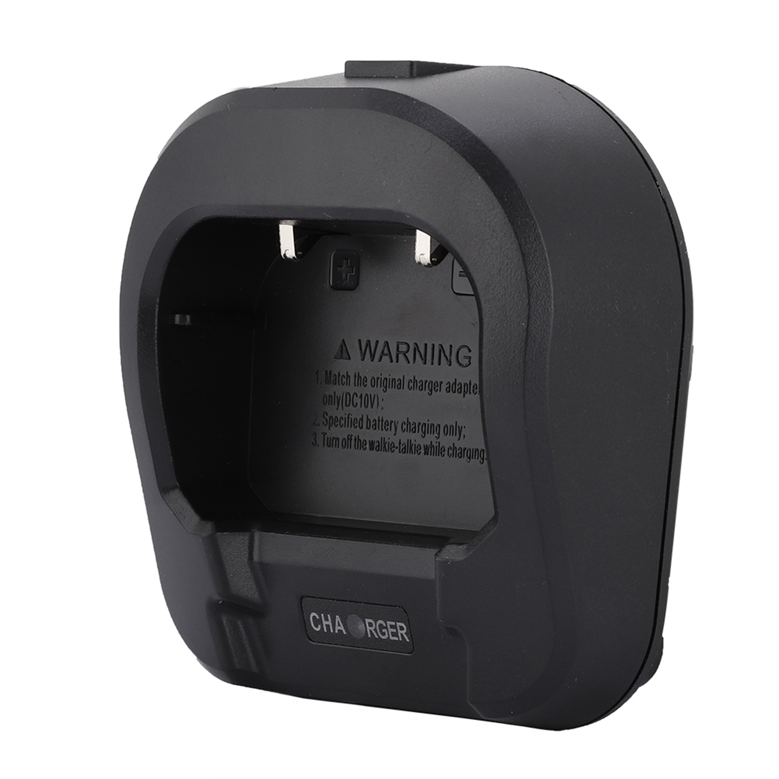 Schwarze Walkie-Talkie-Ladestation auf weißem Hintergrund mit Warnhinweisen.