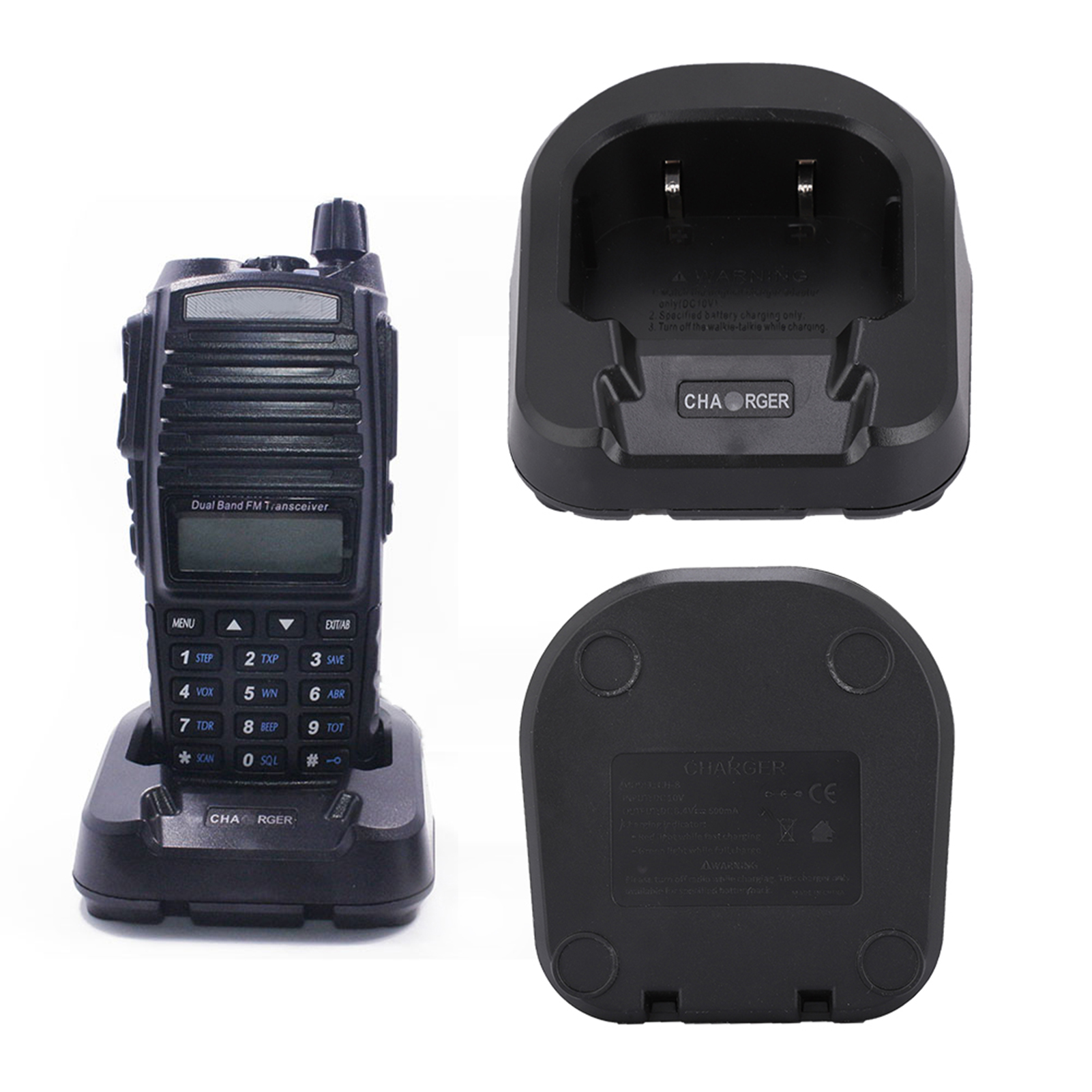 Ein schwarzes Walkie-Talkie in einer Ladeschale und zwei Ansichten der Ladeschale auf weißem Hintergrund.