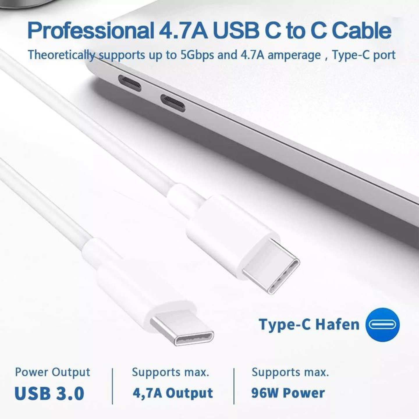 Professionelles 4.7A USB-C zu USB-C Kabel mit Typ-C Anschlüssen.