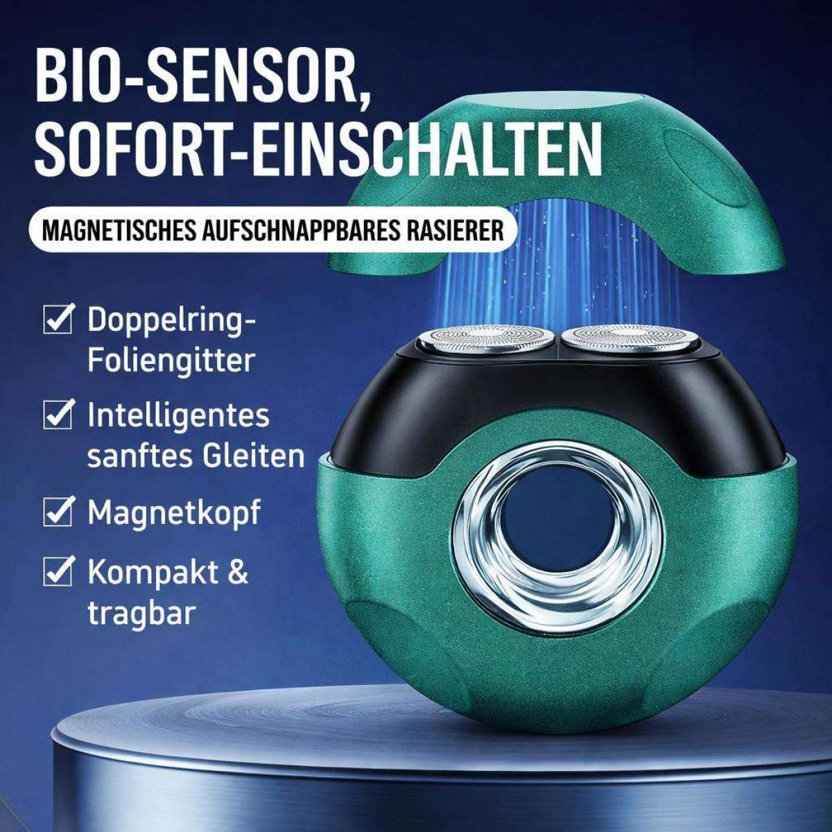 Ein grüner Elektrorasierer mit magnetischem Kopf und deutschen Texten vor blauem Hintergrund.