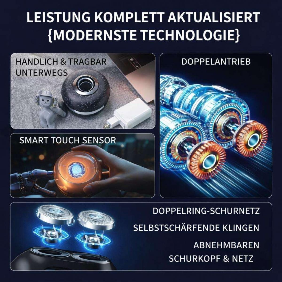 Informatives Bild eines modernen Rasierers mit Doppelantrieb, Smart-Touch-Sensor und selbstschärfenden Klingen.