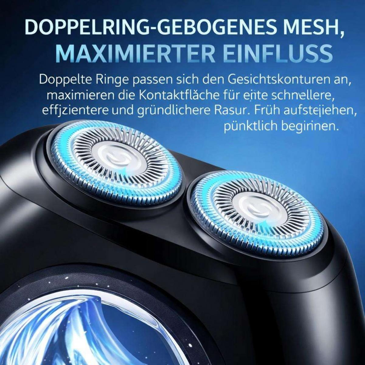 Nahaufnahme eines Rasierapparats mit doppelt leuchtend blauen Scherköpfen und deutschem Text vor blauem Hintergrund.