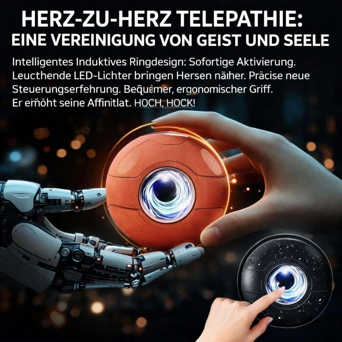 Eine Hand hält eine orangefarbene Kugel mit einem leuchtenden Wirbel, daneben greift ein Roboterarm nach ihr.