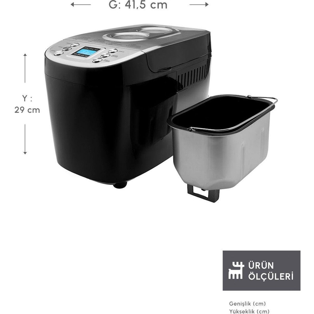 41.5 cm genişlik ve 29 cm yükseklik ölçülerine sahip siyah ekmek yapma makinesi ve çıkarılabilir pişirme kabı.