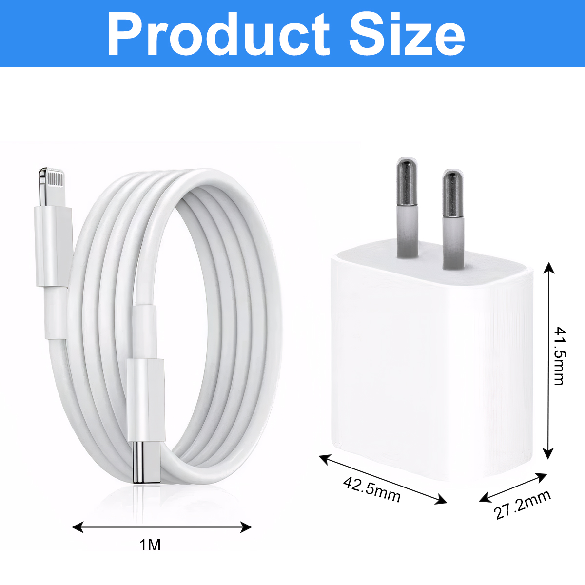 Weißes USB-C-Kabel und Ladegerät mit Maßangaben auf blauem Hintergrund.