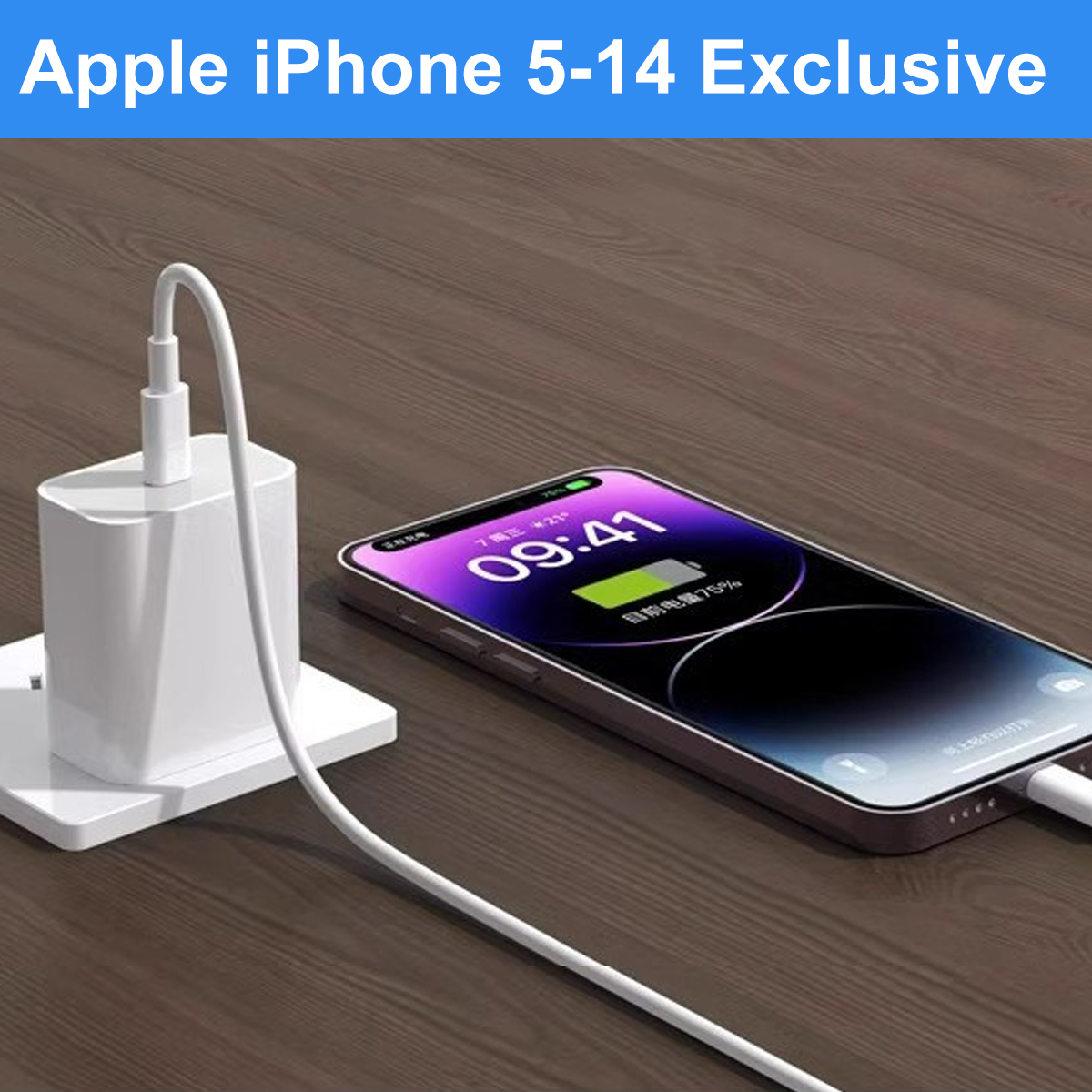 Ein Smartphone wird auf einer Holzoberfläche neben einem weißen Netzteil mit angeschlossenem Kabel geladen.
