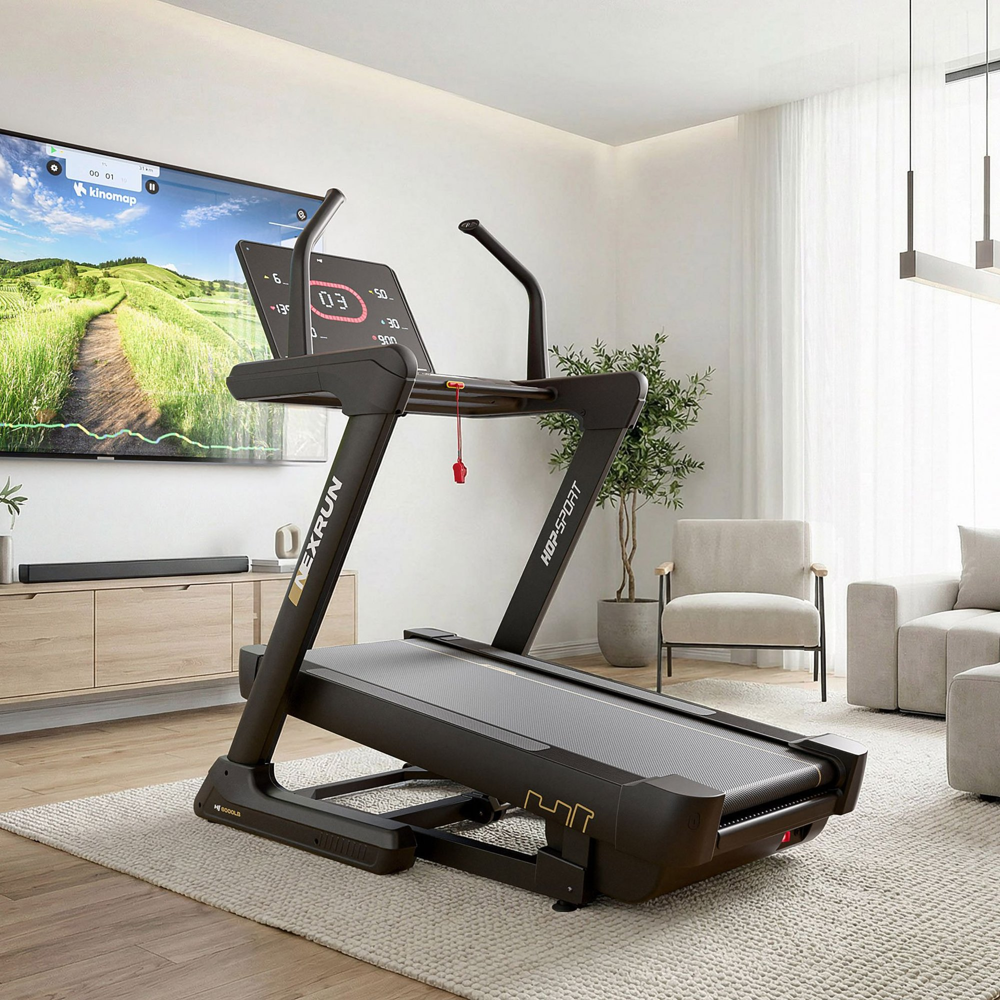 Ein schwarzes Laufband auf einem Teppich in einem hellen Wohnzimmer mit Fernseher.