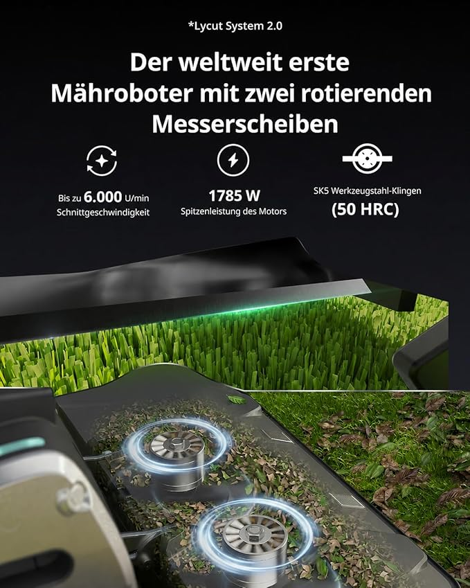 Werbebild für einen Mähroboter mit zwei Messerscheiben, technischen Daten und Blick auf die rotierenden Klingen.