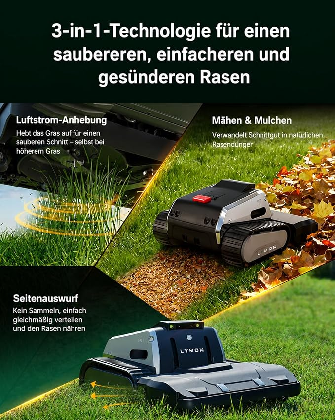 Lymow-Mähroboter mit Dreifachtechnologie auf Rasen.