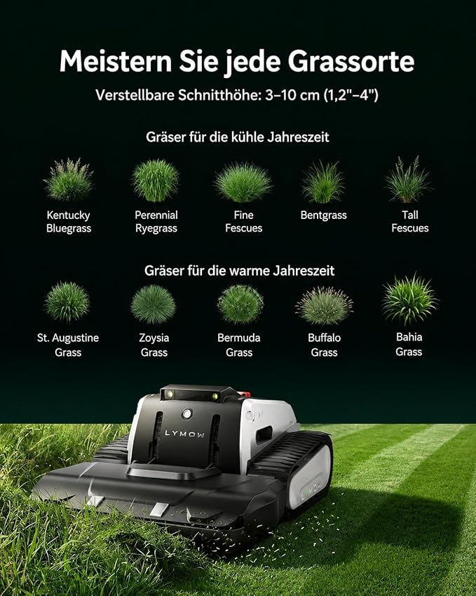 Ein ferngesteuerter Mähroboter mit Raupenketten mäht einen grünen Rasen, darüber verschiedene Grassorten und Text.