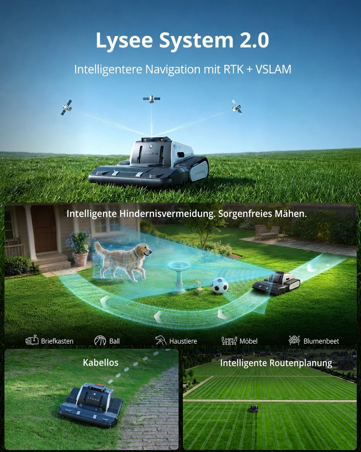 Ein Mähroboter navigiert auf einem Rasen mit Satelliten und Hinderniserkennung.