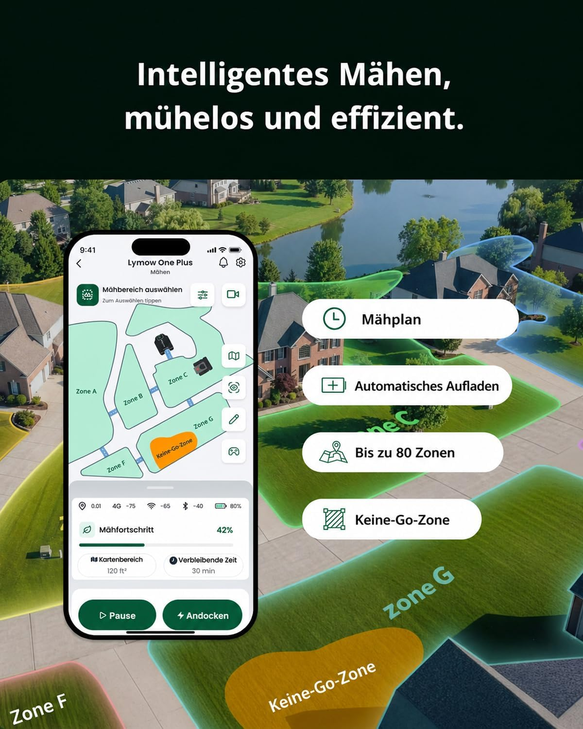 Smartphone zeigt App für Mähroboter mit Zonenkarte und Steuerungsoptionen über Rasenlandschaft.