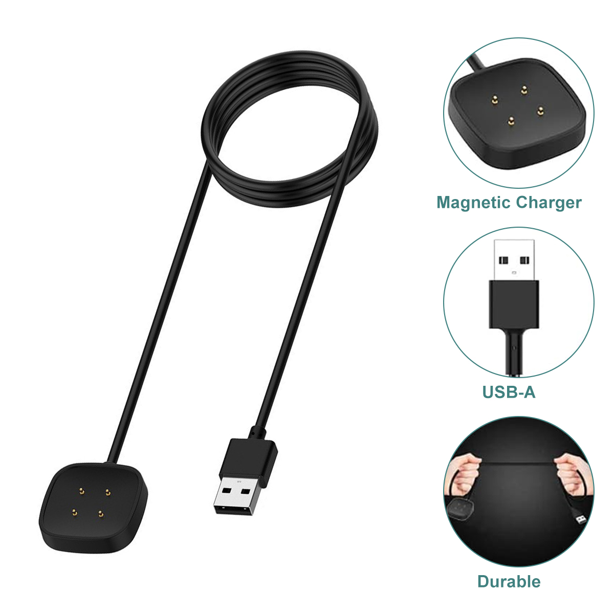 Schwarzes USB-Ladekabel mit Magnethalterung und Nahaufnahmen des Ladegeräts, USB-Anschlusses und Haltbarkeitstests.