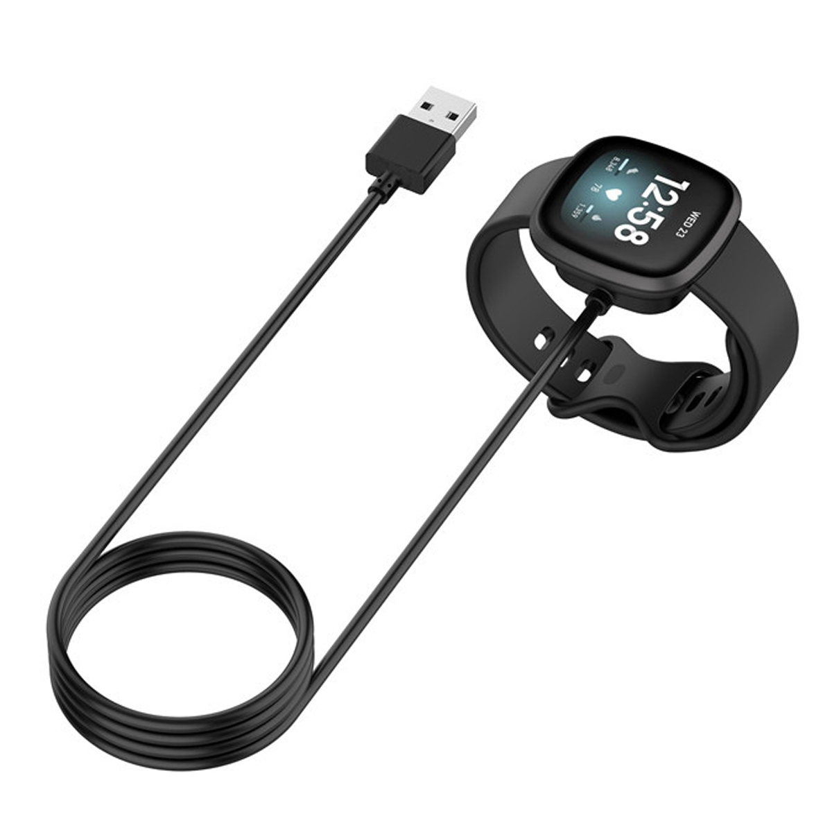 Eine schwarze Smartwatch mit Ladekabel auf weißem Hintergrund.