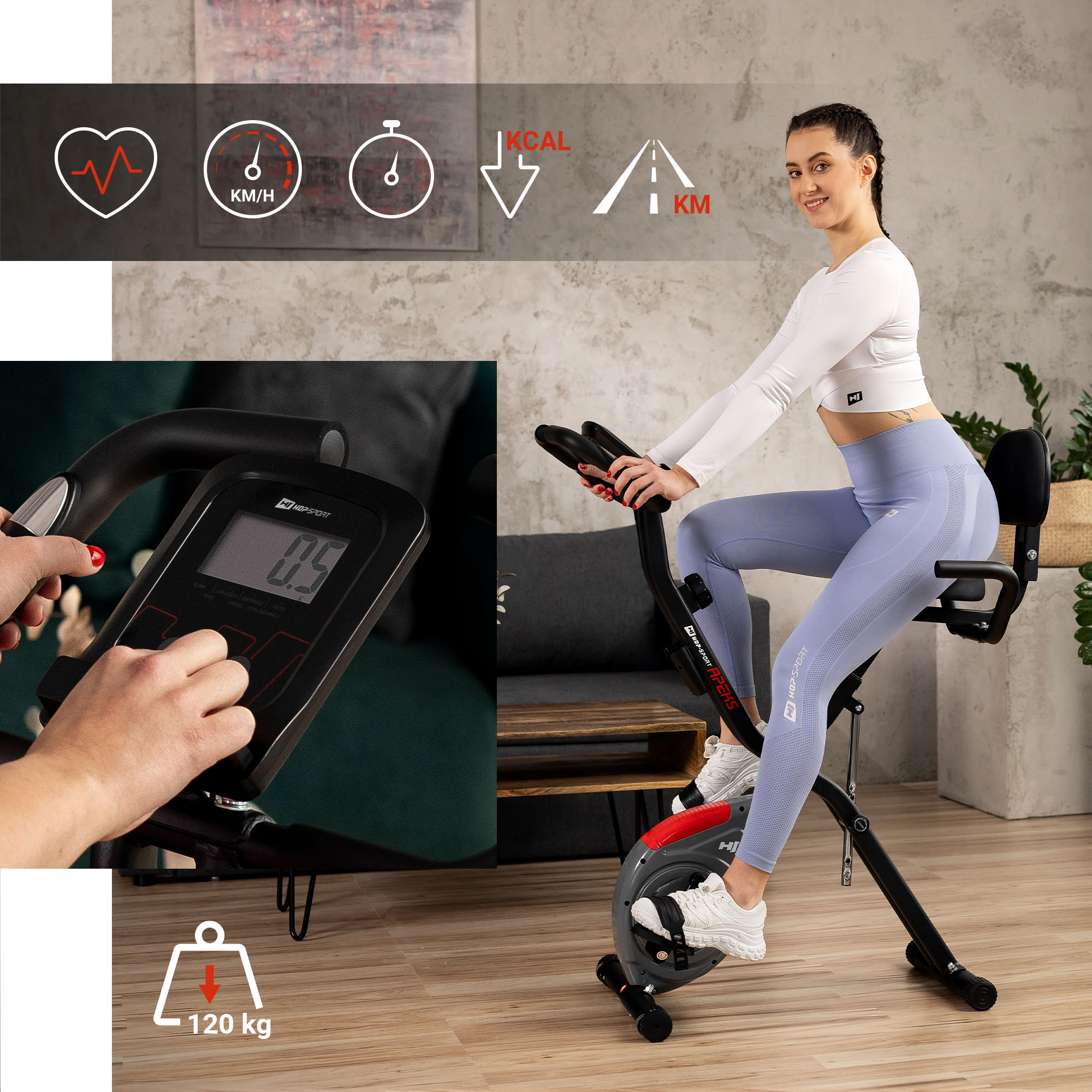 Eine Frau in Sportkleidung sitzt auf einem Heimtrainer in einem Wohnzimmer mit Icons für Fitnessdaten.