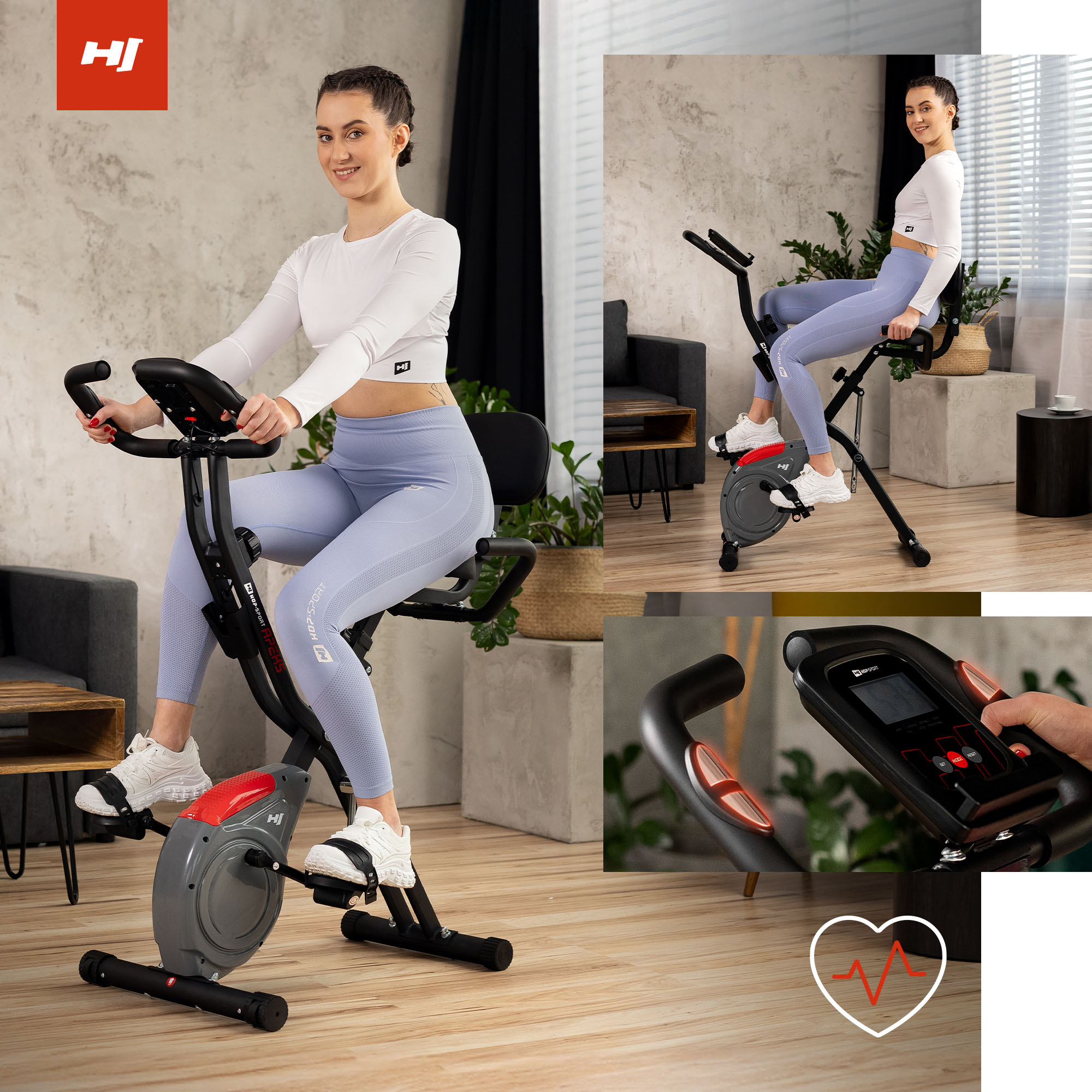 Eine Frau in Sportbekleidung trainiert auf einem Heimtrainer in einem hellen Zimmer.