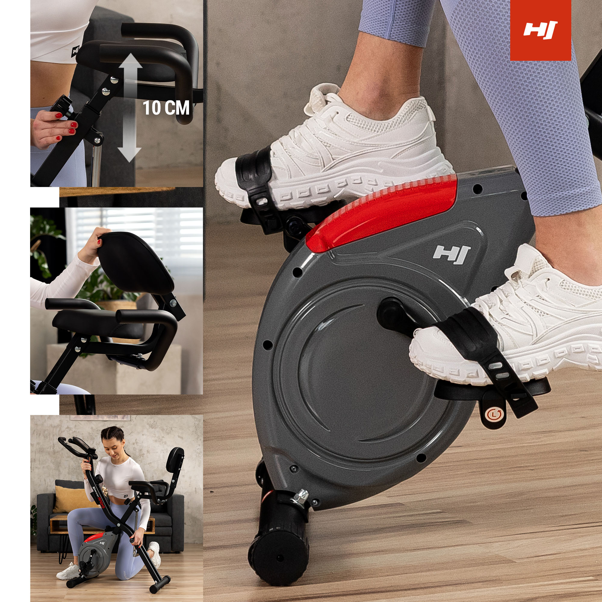 Person auf kompaktem Heimtrainer, mit kleinen Fotos zu Höhenverstellung, Rückenlehne und Aufbau.