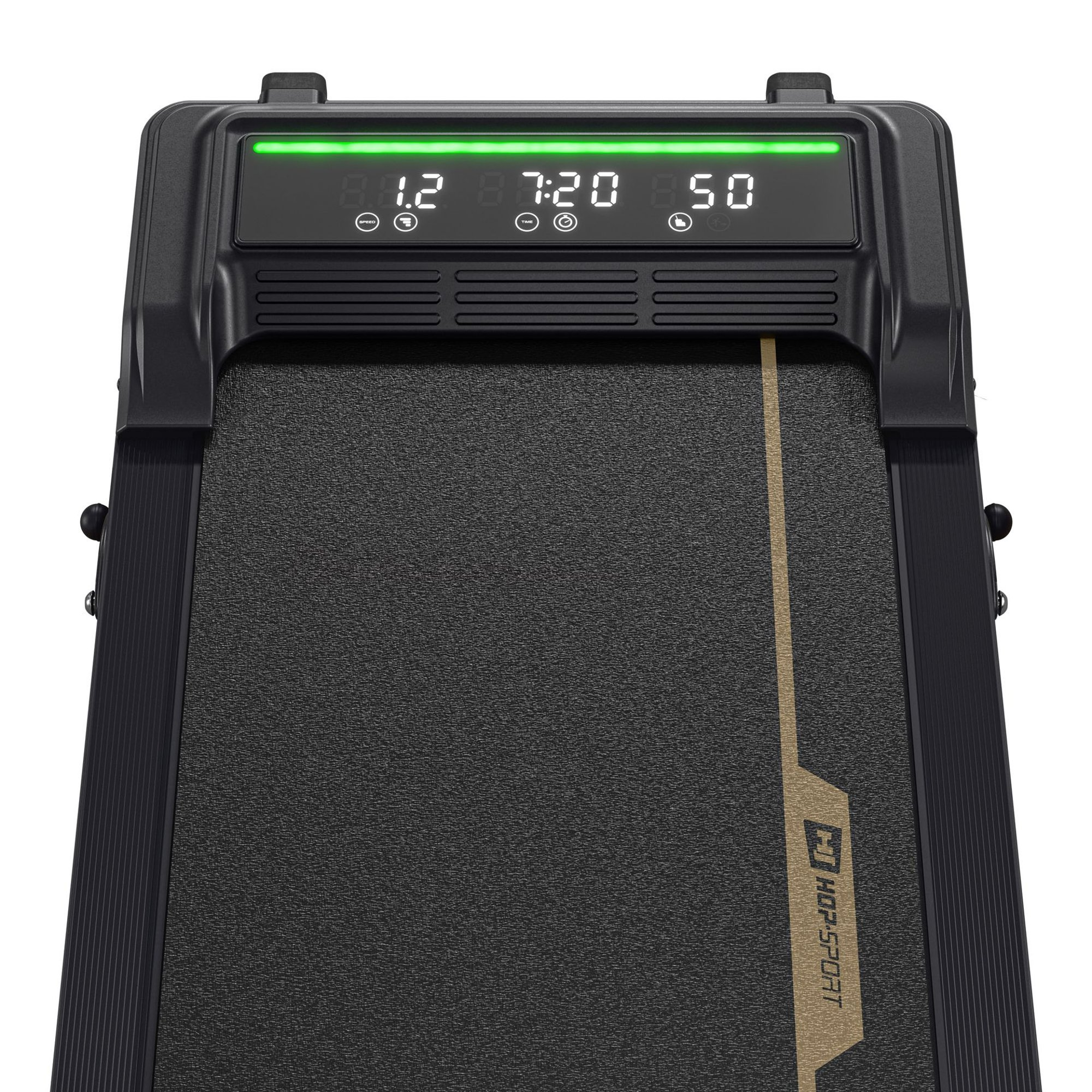 Laufband mit digitalem Display, grünem LED-Streifen und schwarzem Band mit goldenem Akzent.