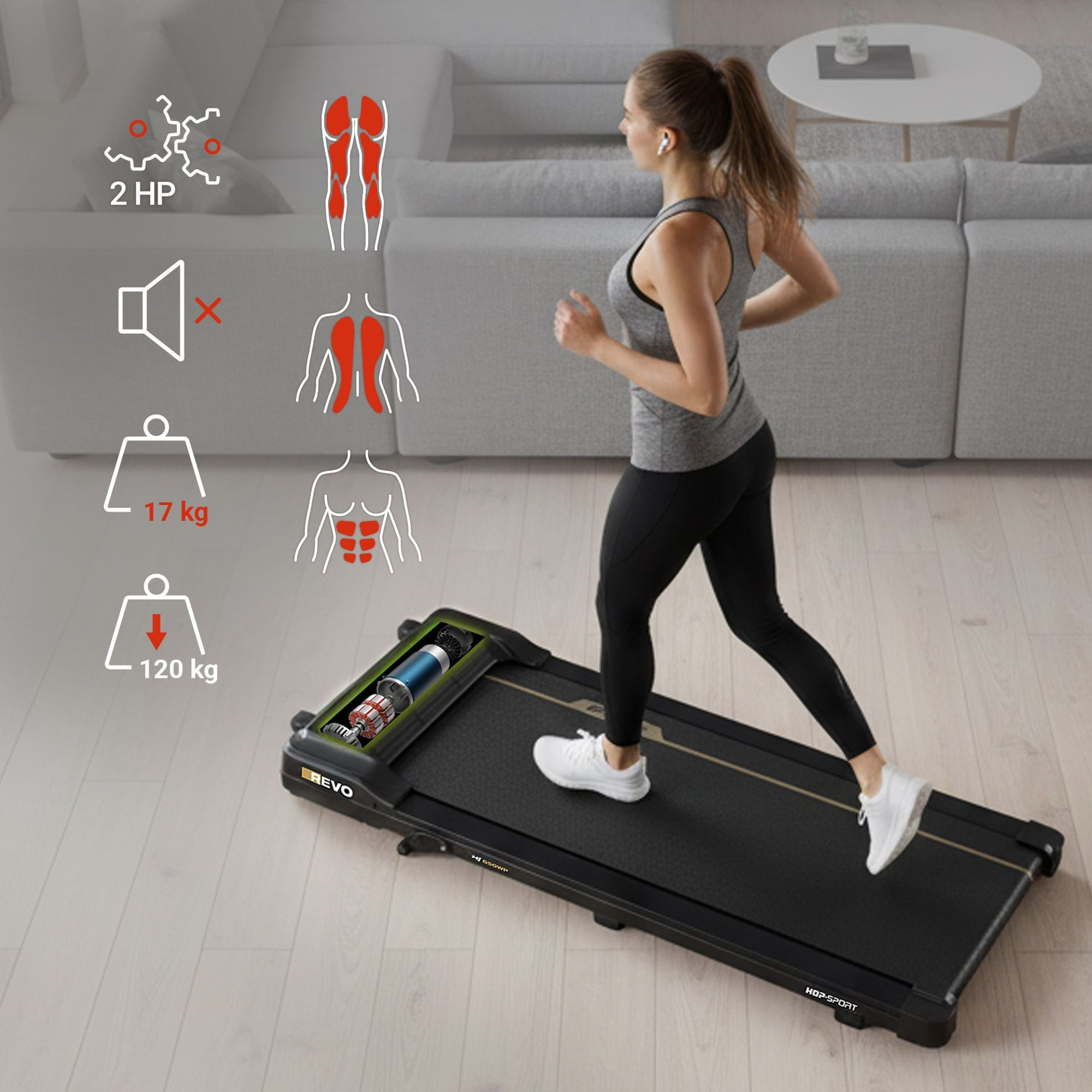 Eine Frau läuft auf einem schwarzen Laufband im Wohnzimmer mit Grafiken über Motordetails.