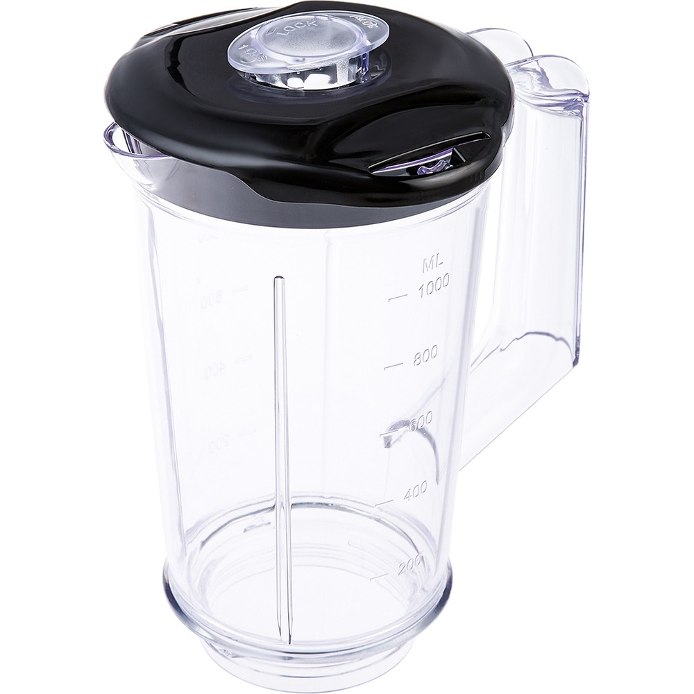 Siyah kapaklı ve 1000 ml'ye kadar ölçü çizgili şeffaf plastik blender haznesi.