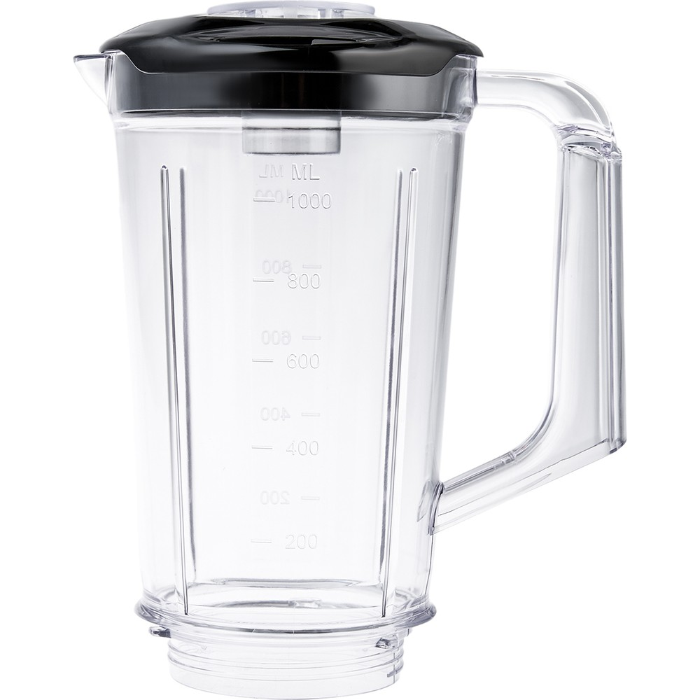 Siyah kapaklı, kulplu ve ölçü çizgili şeffaf plastik blender haznesi.