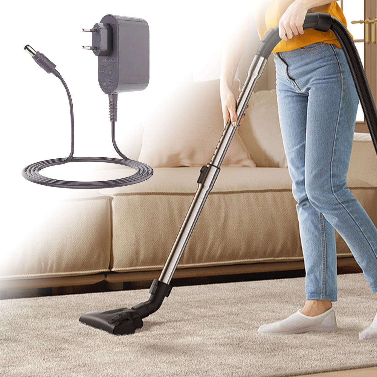 Eine Person saugt Teppich, links sind Netzteil und Ladekabel abgebildet.