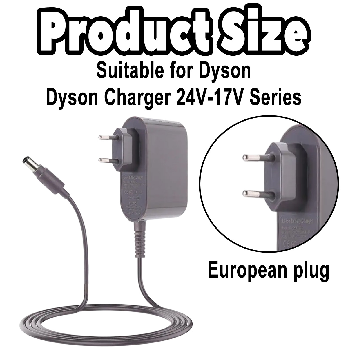 Graues Dyson-Ladegerät mit EU-Stecker, Spiralkabel und Vergrößerung des Steckers.