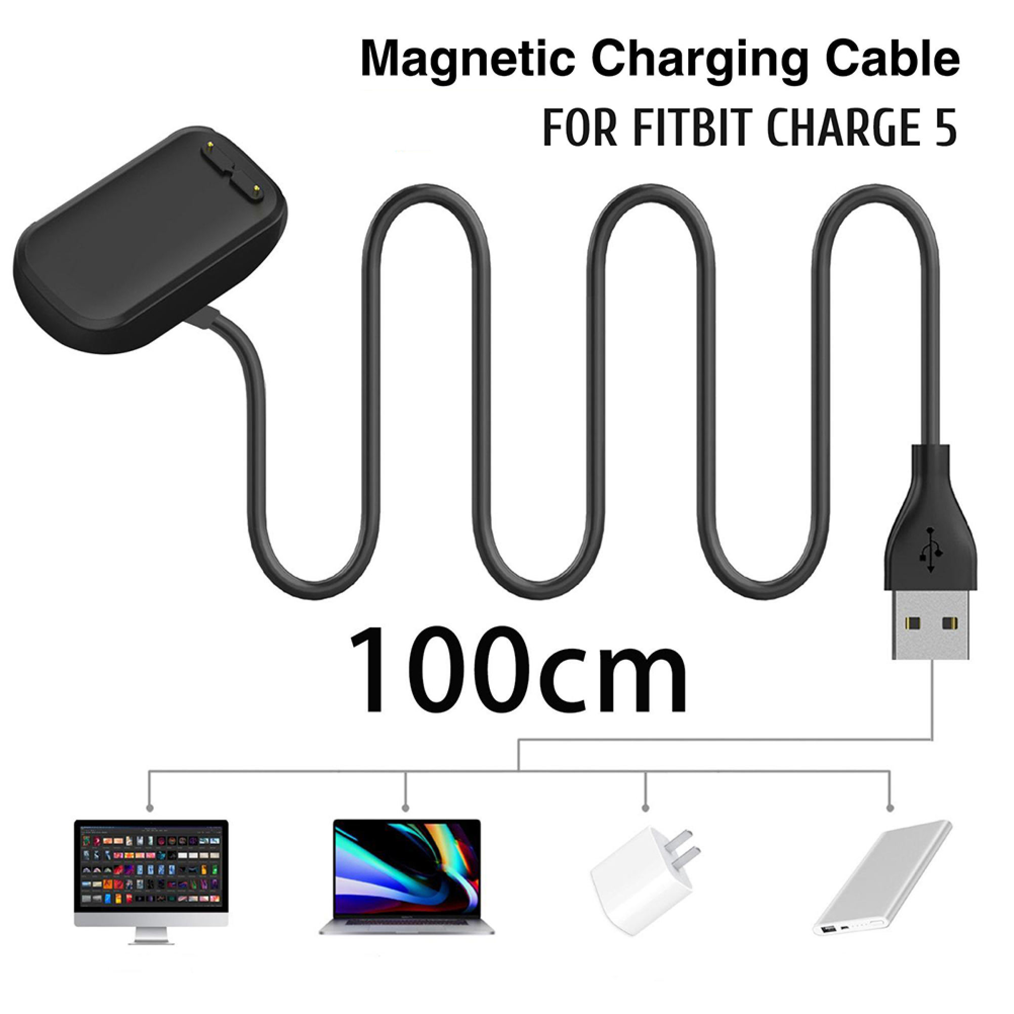 Ein schwarzes 100cm Magnet-Ladekabel für Fitbit Charge 5 mit USB-Stecker und kompatiblen Geräten.