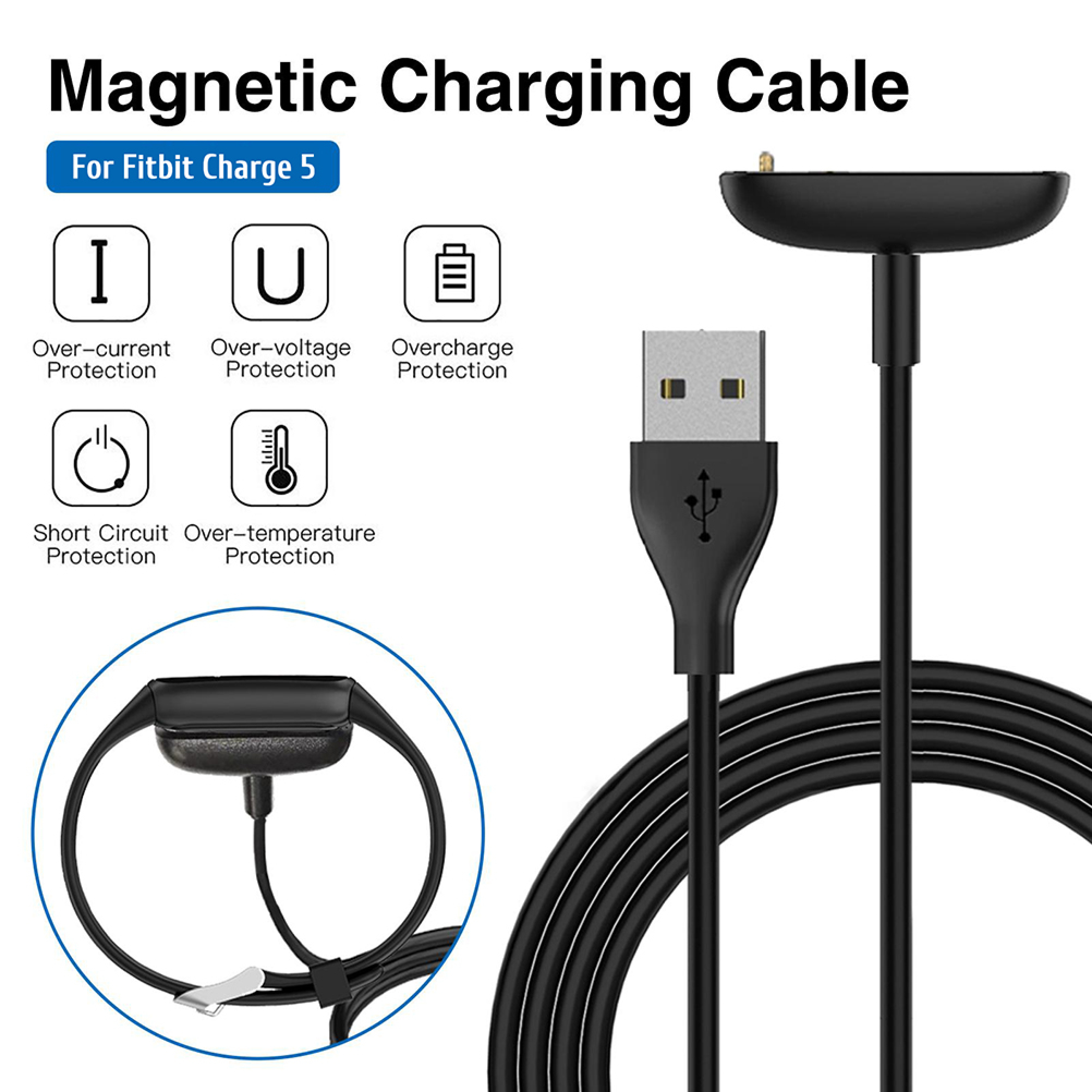 Ein magnetisches Ladekabel für Fitbit Charge 5 mit Sicherheitssymbolen und Verbindungsdetails.