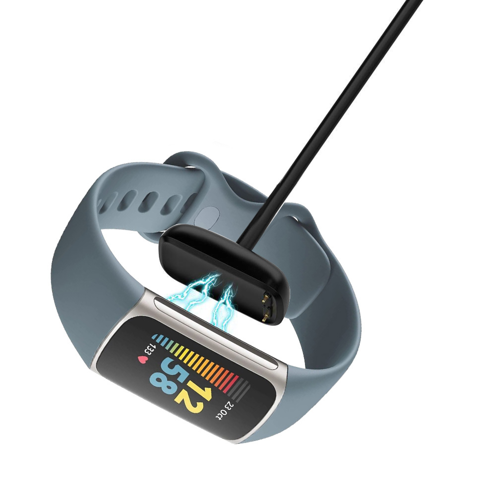 Ein grauer Fitness-Tracker mit Magnetkabel, das kabellos geladen wird, isoliert auf weißem Hintergrund.
