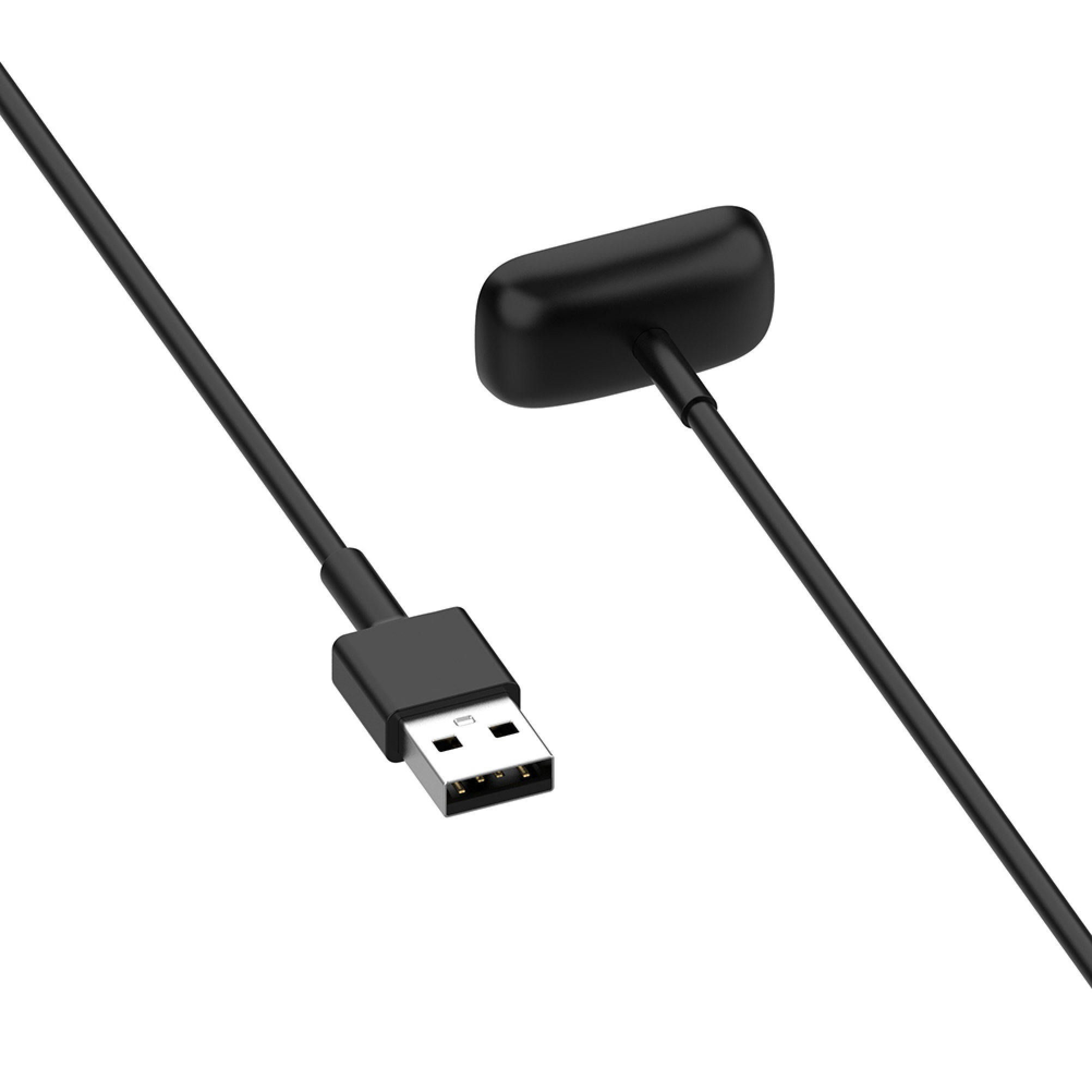 Ein schwarzes Ladekabel mit USB-A-Anschluss und einer Magnet-Ladeeinheit vor weißem Hintergrund.