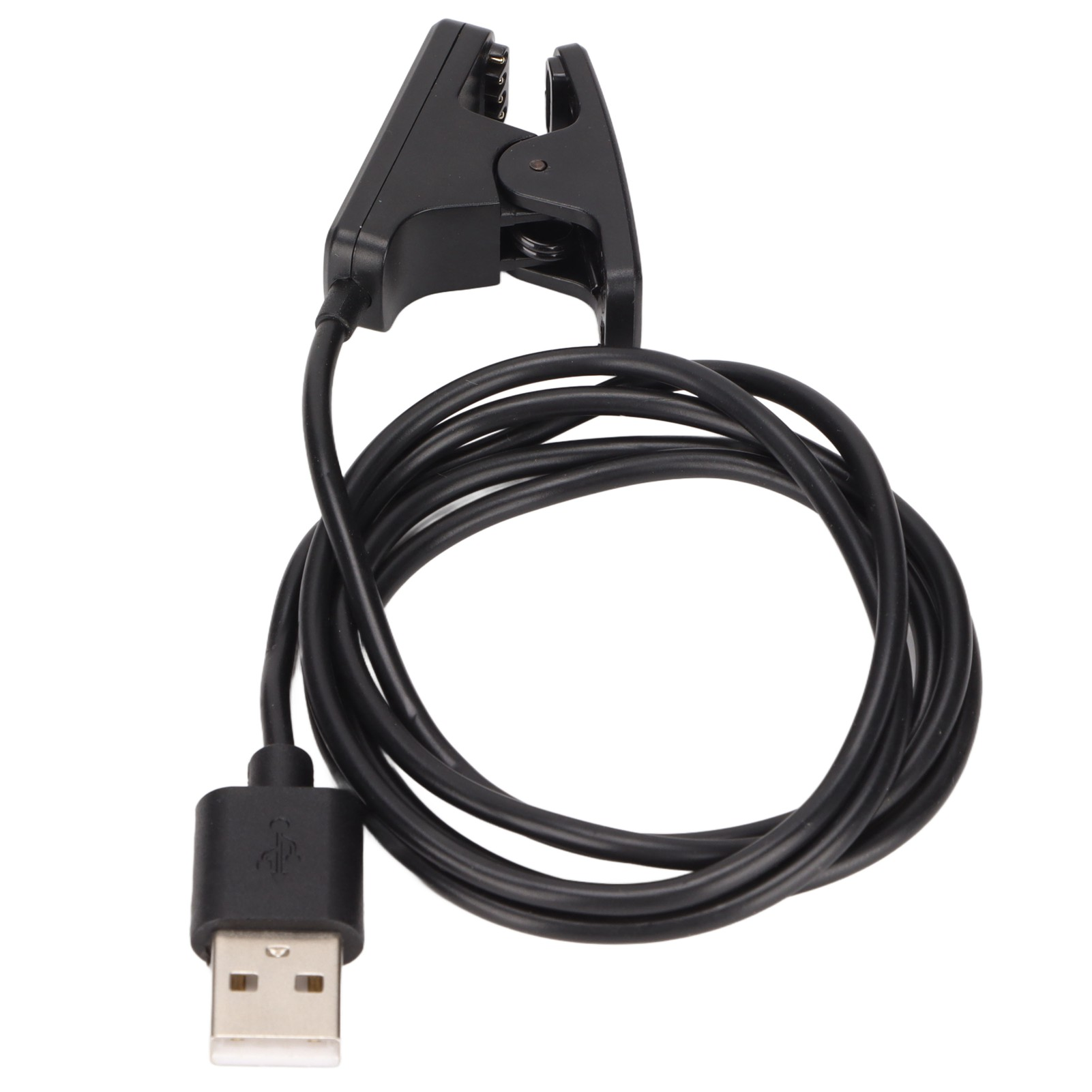 Schwarzes USB-Ladekabel mit Clip auf weißem Hintergrund.