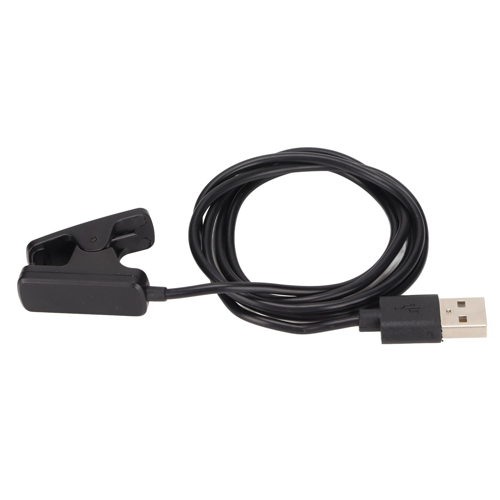 Ein schwarzes USB-Ladekabel mit einer Klemme an einem Ende und einem USB-A-Stecker am anderen.