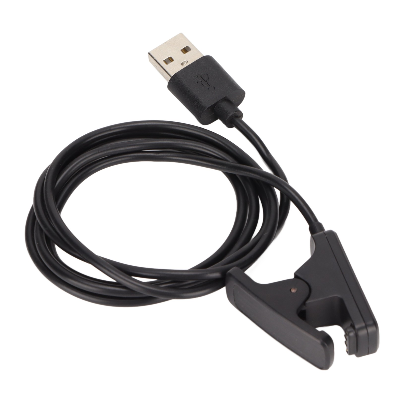Ein schwarzes USB-Ladekabel mit aufgerolltem Draht und einem Clip-Anschluss auf weißem Hintergrund.
