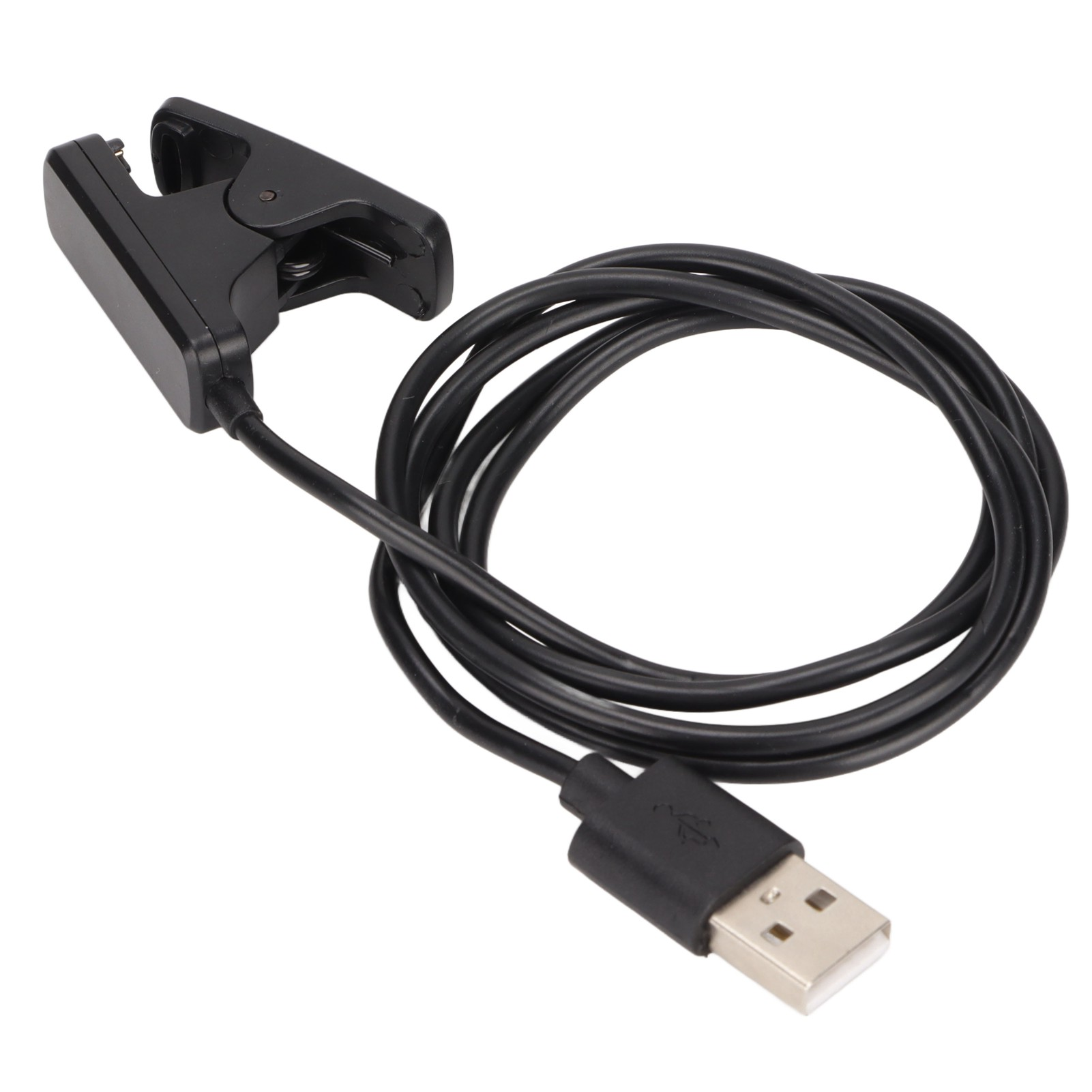 Ein schwarzes USB-Ladekabel mit einer Klammer an einem Ende und einem USB-A-Stecker am anderen.