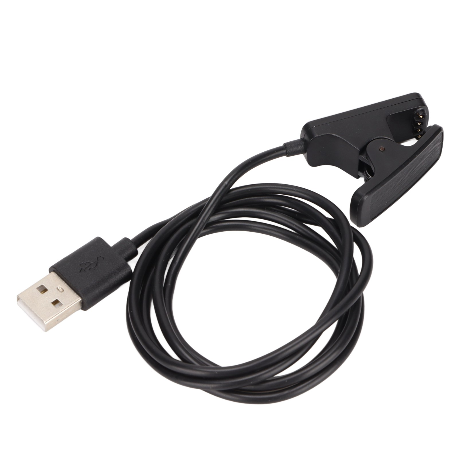 Ein schwarzes USB-Ladekabel mit aufgerolltem Draht und Clip-Anschluss mit vier Kontakten auf weißem Hintergrund.