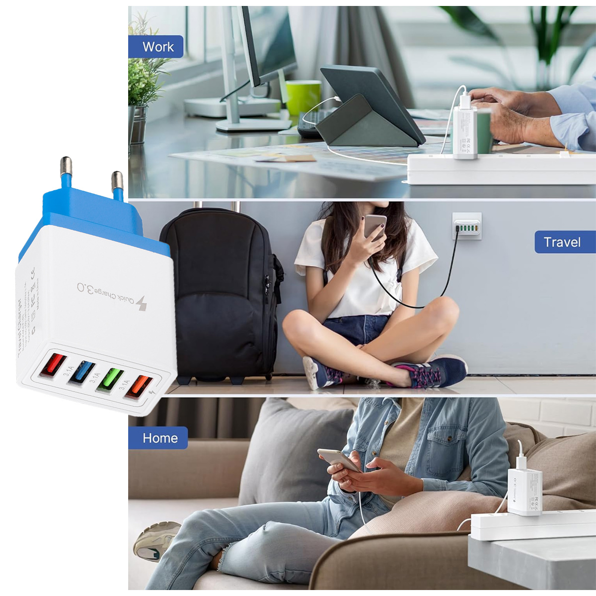 Ein weiß-blaues USB-Schnellladegerät mit vier Anschlüssen und drei Anwendungsszenarien: Arbeit, Reisen und Zuhause.