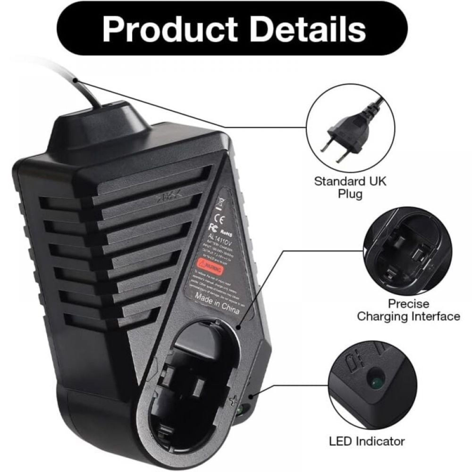 Schwarzes Ladegerät mit Stecker, Ladeschnittstelle und LED-Anzeige, beschriftet als Produktdetails.