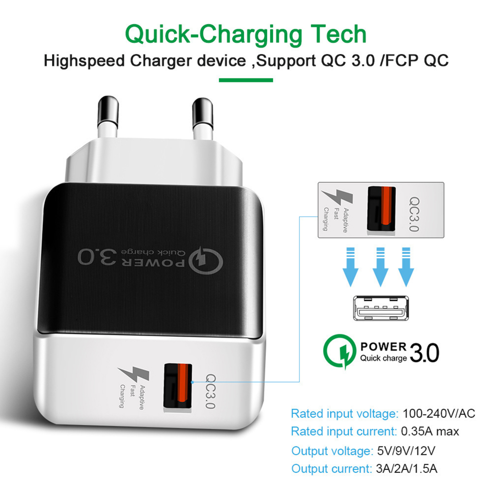 Weiß-schwarzes USB-Schnellladegerät mit Steckdosenpins und technischen Spezifikationen.