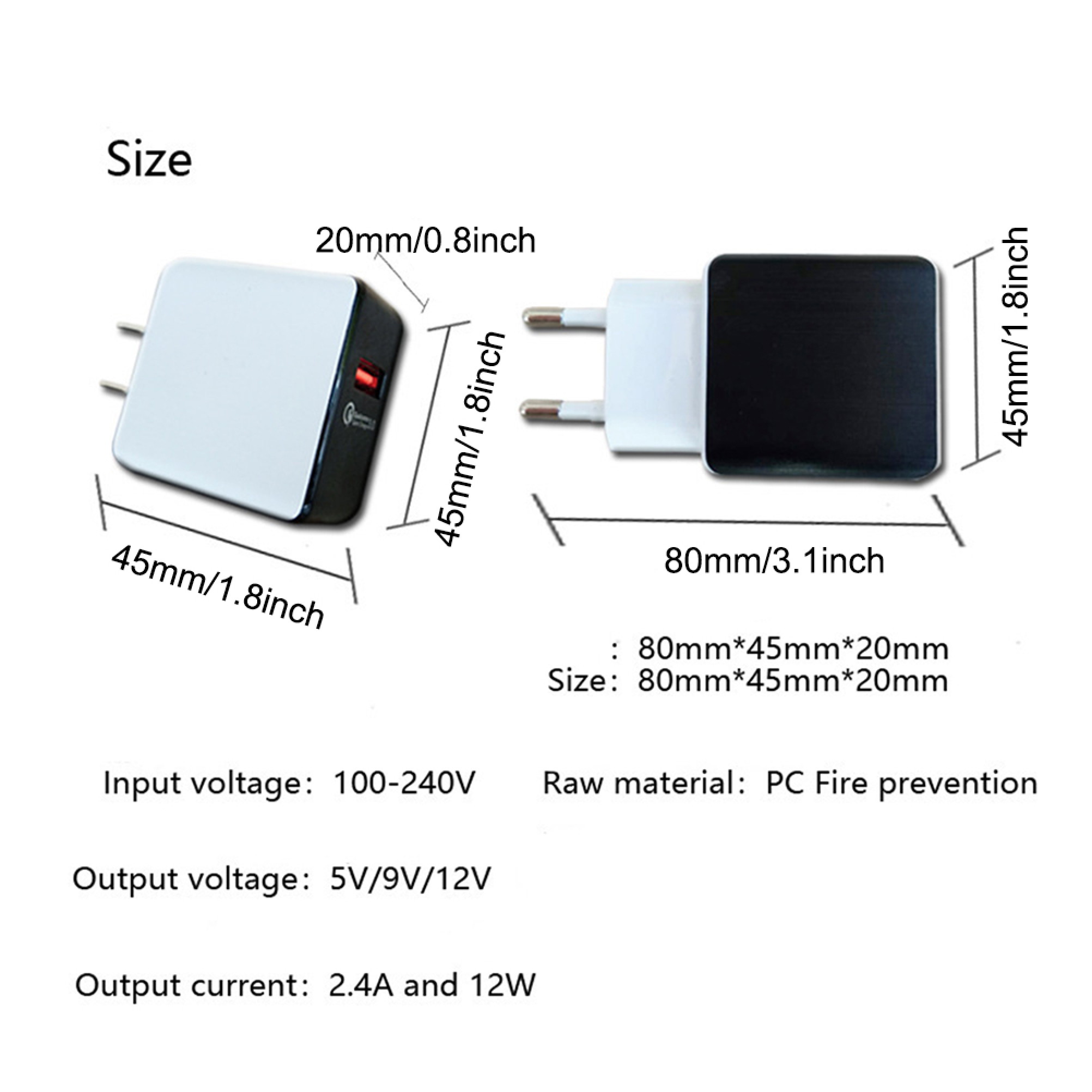Diagramm zeigt die Abmessungen und technischen Daten eines wei ßen USB-Ladegeräts.