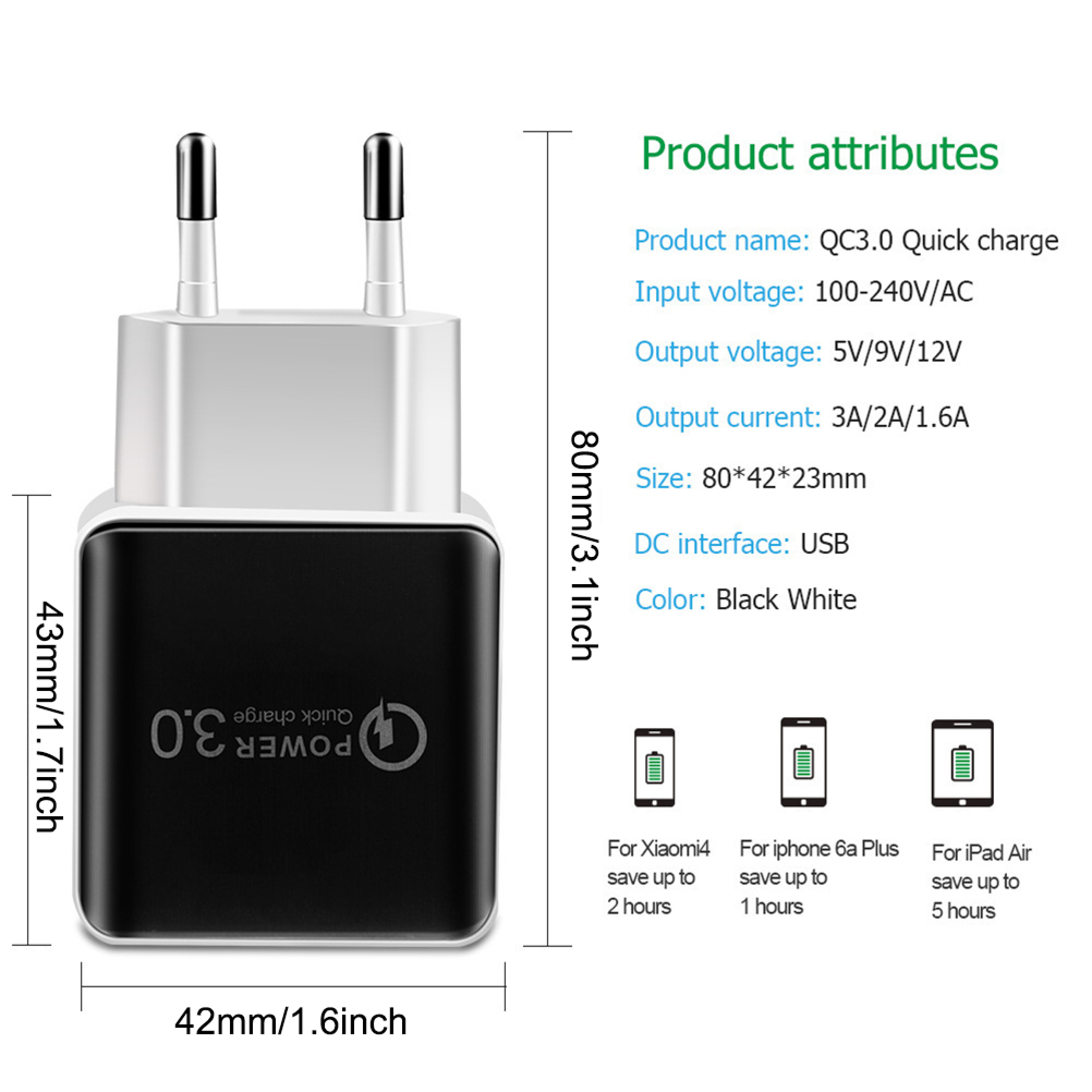 Ein weiß-schwarzes USB-Schnellladegerät mit Produktspezifikationen und Maßangaben.