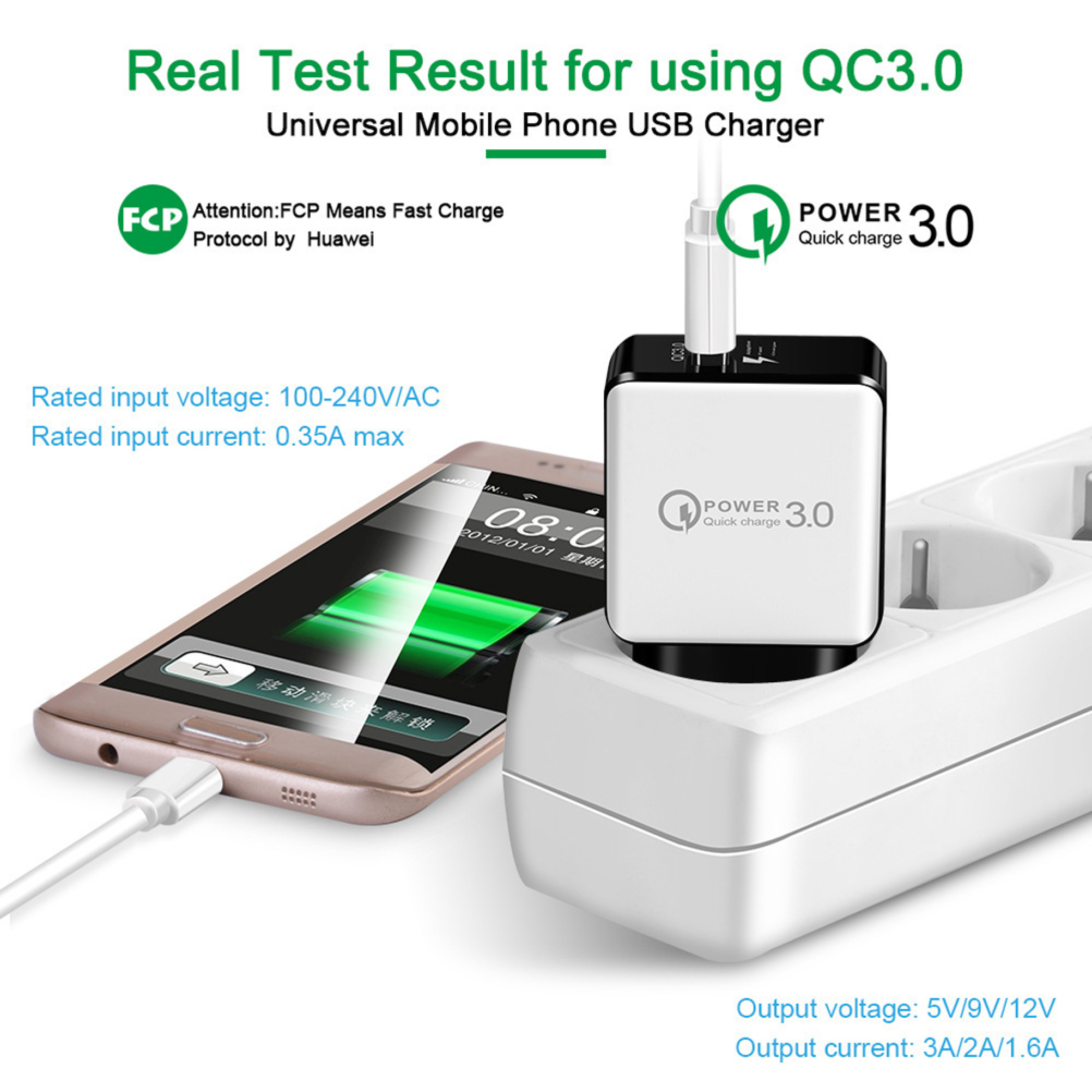 Ein QC3.0 USB-Ladegerät steckt in einer Steckdose und lädt ein Smartphone. Text zeigt technische Daten.