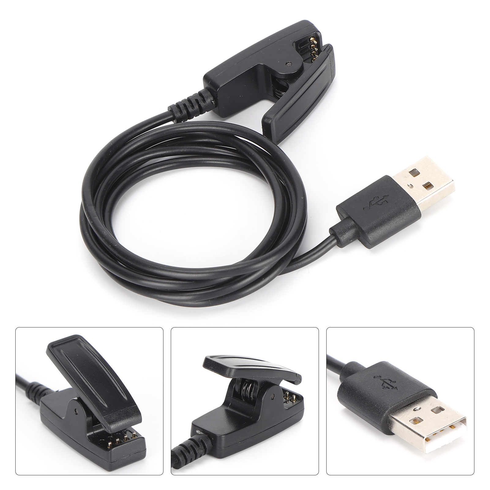 Ein schwarzes Ladekabel mit einem USB-Anschluss und einer Klemme mit goldenen Kontakten.