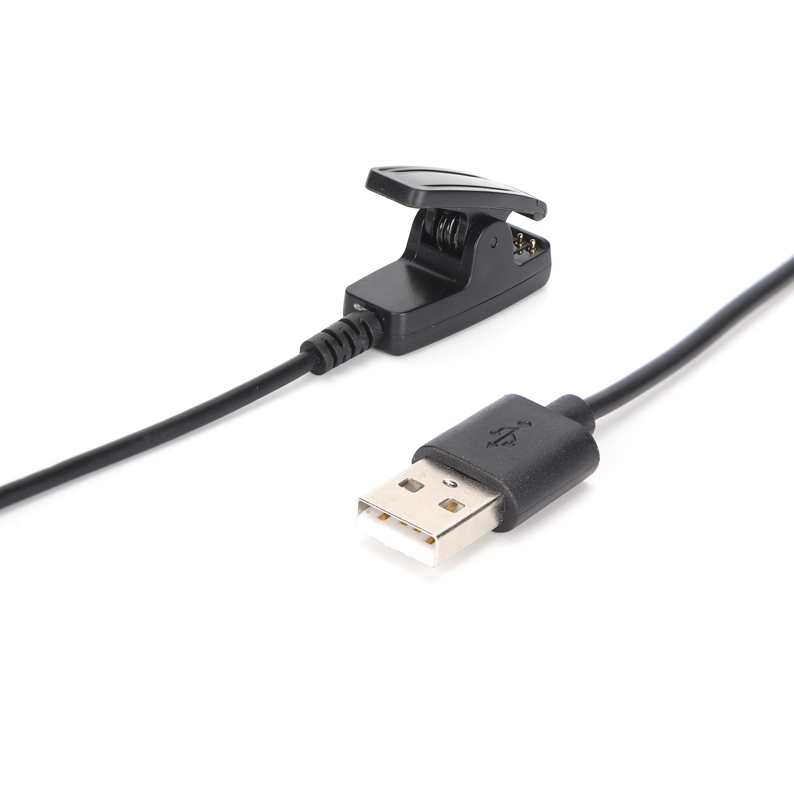 Ein schwarzes Ladekabel mit USB-A-Anschluss auf der einen und einem Ladeclip mit Pins auf der anderen Seite.