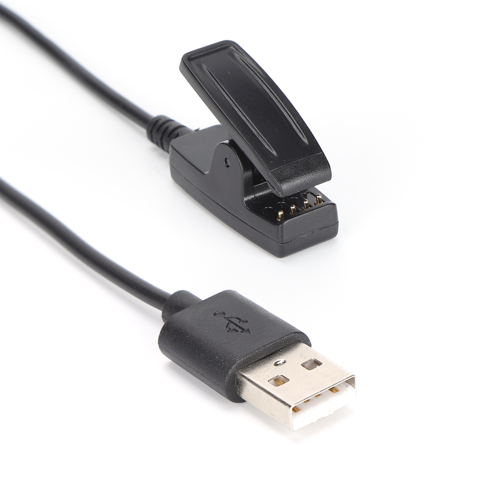 Ein schwarzes USB-Ladekabel mit einer Ladeklammer und einem Standard-USB-A-Stecker auf weißem Hintergrund.