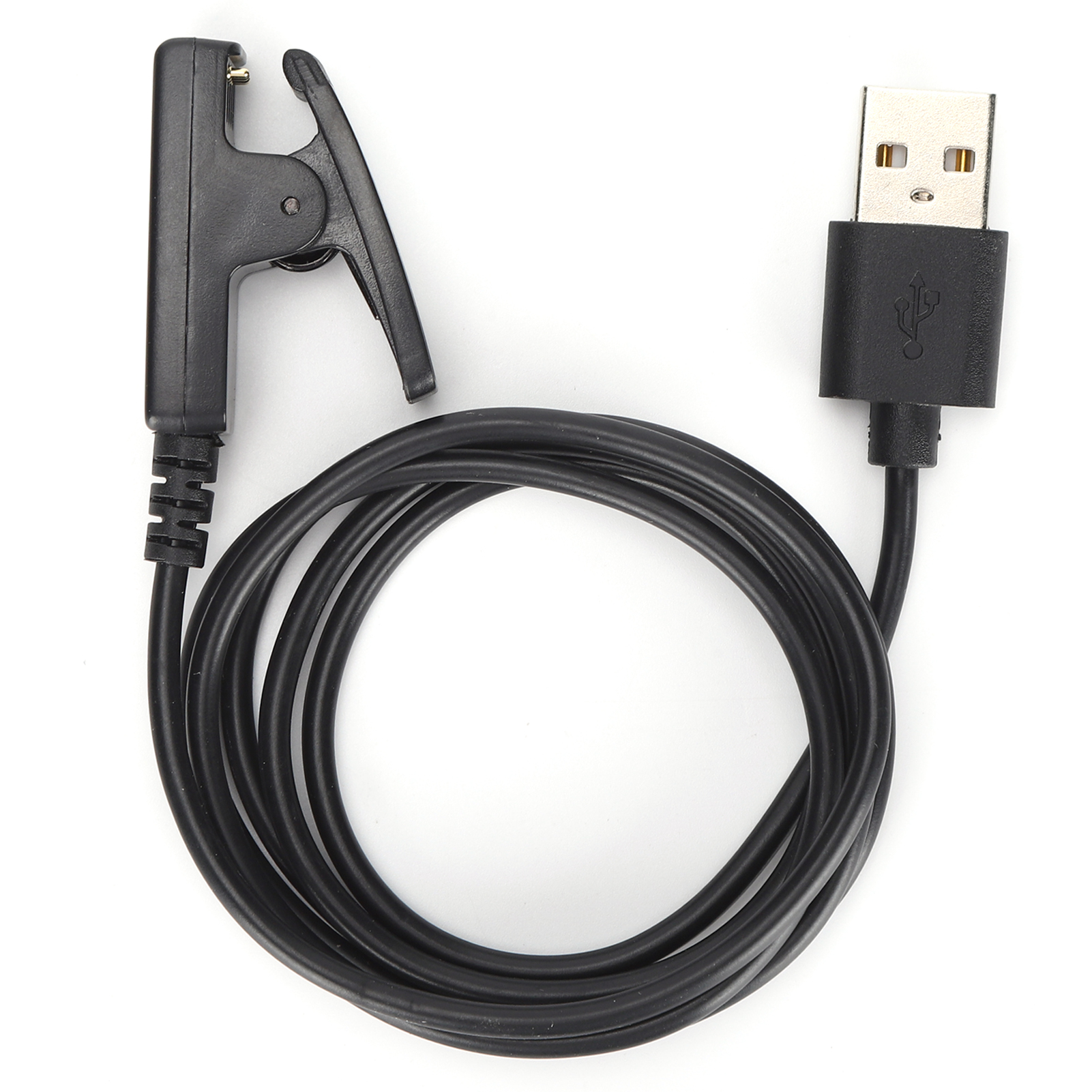Ein schwarzes Ladekabel mit USB-Anschluss und einer Klemme auf weißem Hintergrund.