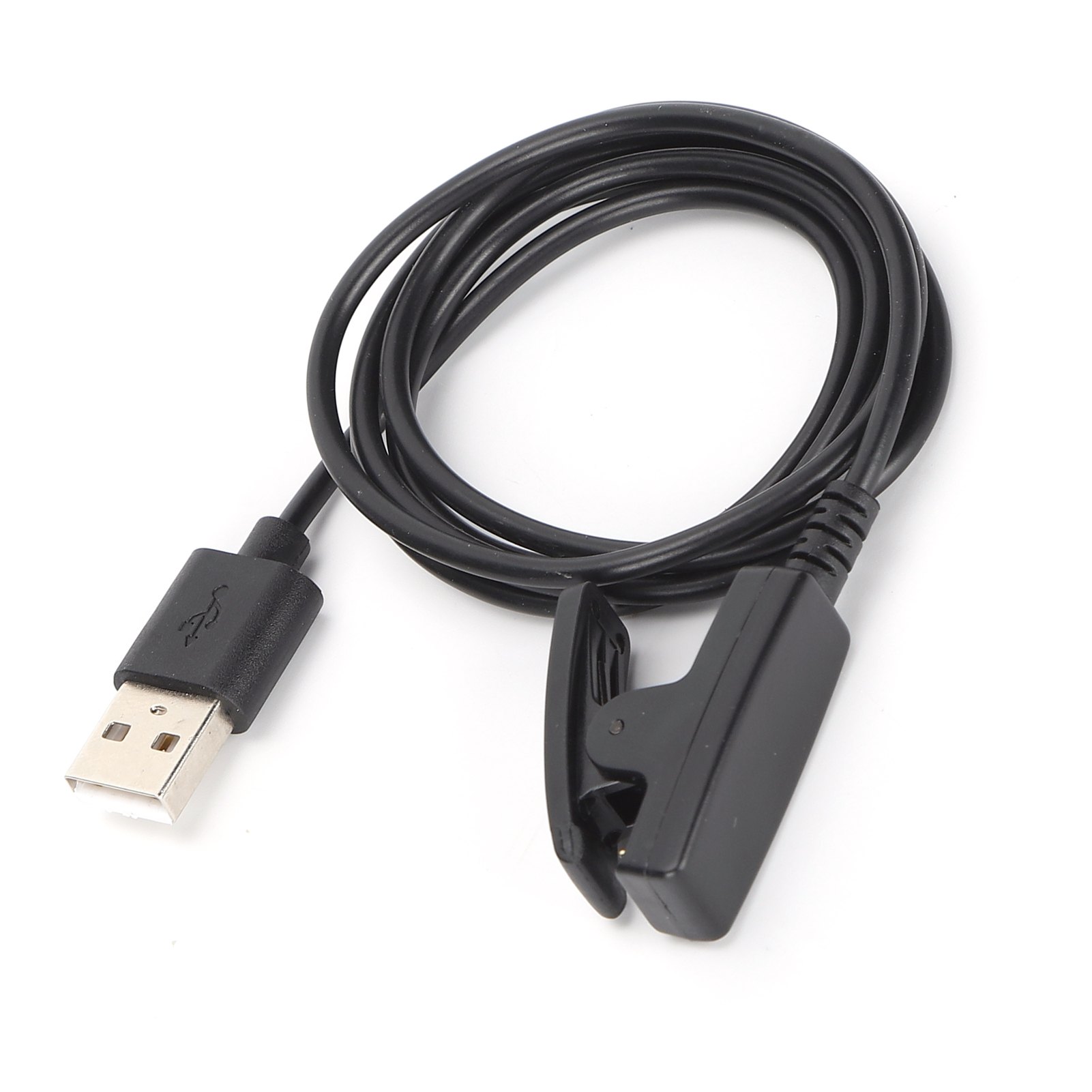 Ein schwarzes Ladekabel mit einem USB-Anschluss und einer Klammer auf weißem Hintergrund.